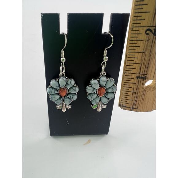 Handmade Earrings Silver Dangle Blue Turquoise Boho Coral Stone Middle Flower - Picture 4 of 4
